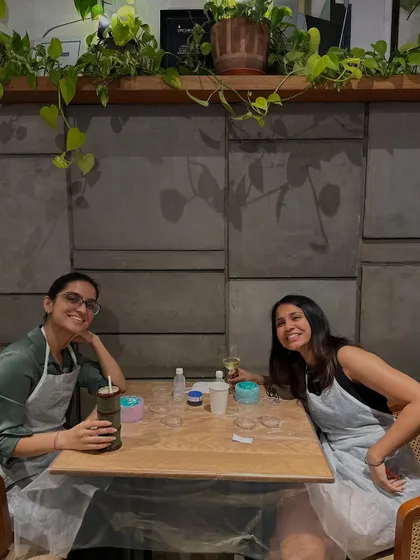 Two friends taking a break during our first-ever Jesmonite workshop in Bangalore. We love providing new and exciting creative outlets for our community.