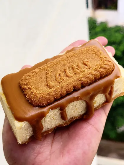 A handheld shot of my Biscoff baked cheesecake slice. It's the perfect single serving of creamy, crunchy, caramelized goodness.