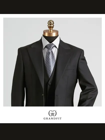 A formidable black three-piece suit. This powerful ensemble is perfect for the most formal business engagements, conveying seriousness and sophistication.