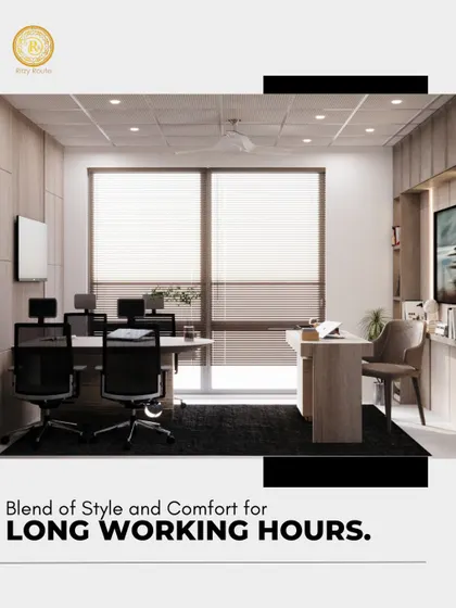 A blend of style and comfort for long working hours. This image shows a complete office layout with both individual desks and a manager's cabin, designed for functionality and aesthetic appeal.