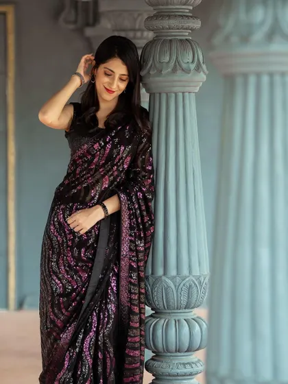 A beautiful pose from the pre-wedding shoot. The makeup enhances her features and complements the elegant, moody setting.