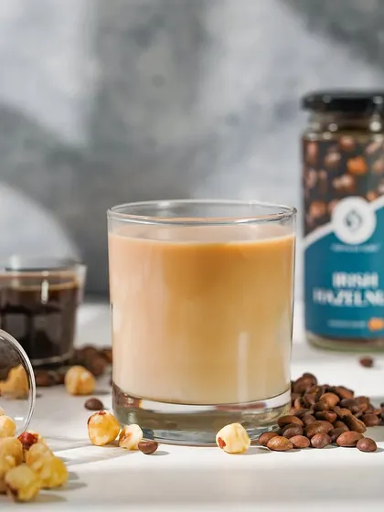 Another take on the Irish Hazelnut coffee, this time showing the ingredients like hazelnuts and coffee beans scattered around. This helps tell the story of the flavor profile.