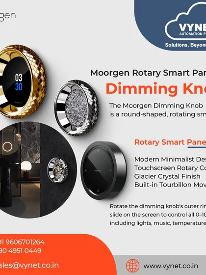 The Moorgen Rotary Smart Panel combines a modern minimalist design with a touchscreen and crystal finish. We integrate these dimming knobs for intuitive control over all your connected devices.