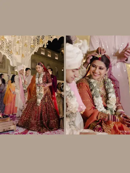 A two-panel shot showing the bride's grand entrance and a close-up of the sindoor ceremony.