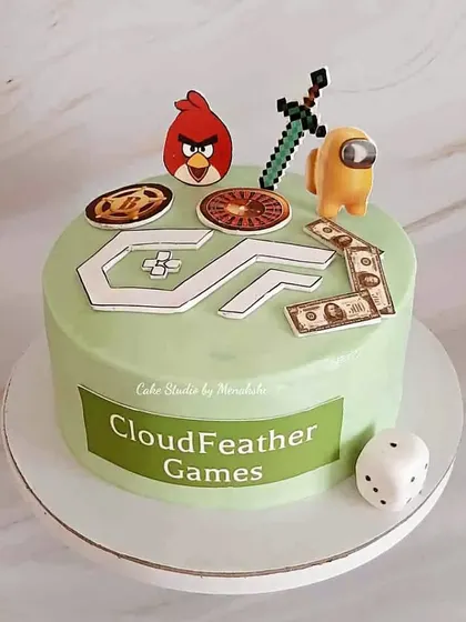 A corporate cake for a gaming company. The design features logos and characters from popular games like Angry Birds and Among Us.