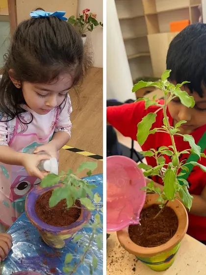 A side-by-side view of two children watering their plants. This highlights the individual focus and care each child learns to give during our workshops.