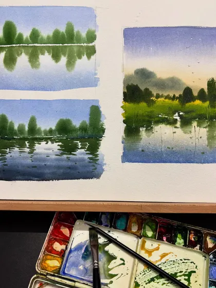 Another study sheet on painting reflections, showing how to reflect trees and landscapes in water.