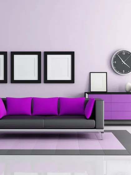 For a modern and playful look, we can help you explore vibrant colours like lavender and purple. Here, they are used in a balanced way with black and white elements.