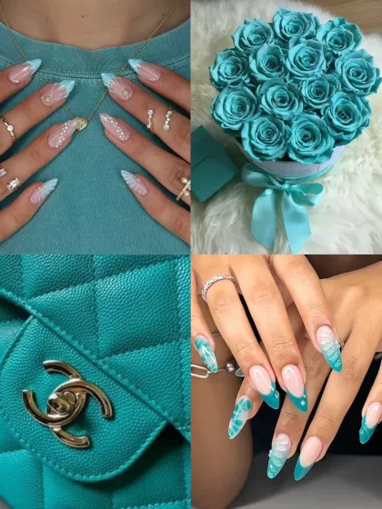 Chic teal nails for the monsoon season. This collage pairs elegant teal and white nail art with luxury items like a Chanel bag and a box of teal roses.