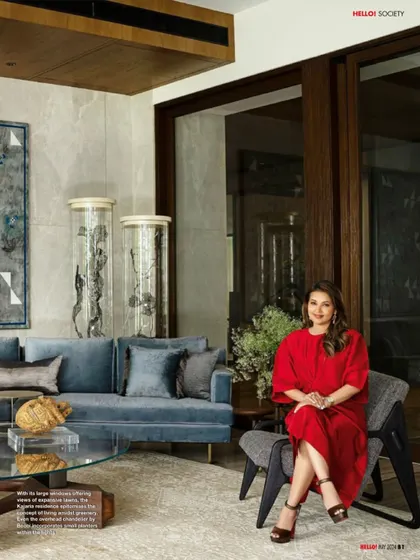 Our client Rasika Kajaria in her living room, as featured in Hello! India. The space was designed to be warm and elegant, with a beautiful synergy between the architecture, interiors, and the client's desires.
