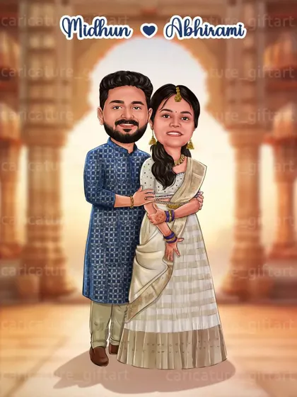 This couple caricature was designed for an engagement, set against a backdrop reminiscent of a grand palace. The traditional outfits add a touch of royal elegance to their portrait.
