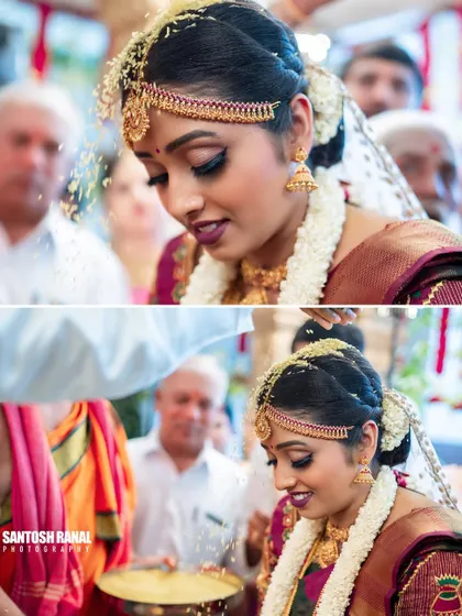 A diptych of the bride during the akshata ceremony, her smile capturing the joy of the moment.