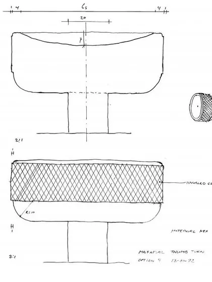 A technical sketch for a custom-designed brass knob, showing the dimensions and knurled edge detail. This level of precision in our drawings ensures that the final fabricated piece matches our exact intent.
