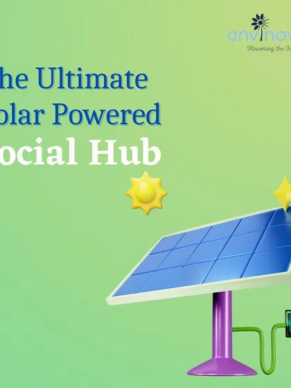 This graphic introduces the core concept of our product: the ultimate solar-powered social hub. It visualizes how we provide modern public conveniences like charging and Wi-Fi, all powered by clean energy.