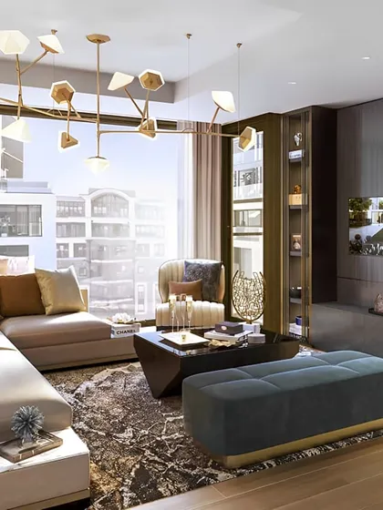 A luxurious living room design where I've used a sectional sofa, a unique geometric chandelier, and integrated shelving with accent lighting. This space is designed for comfort, conversation, and enjoying the city view.