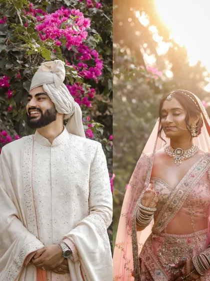 A split image showing individual portraits of the bride and groom, bathed in the golden hour light of Goa.