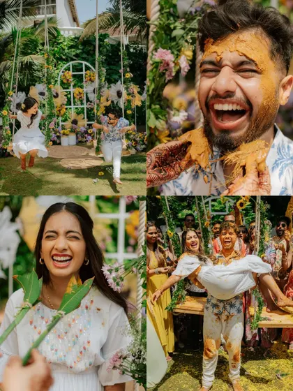 A four-part story of a fun-filled Haldi, showing the couple's joy, laughter, and the playful mess of the ceremony.