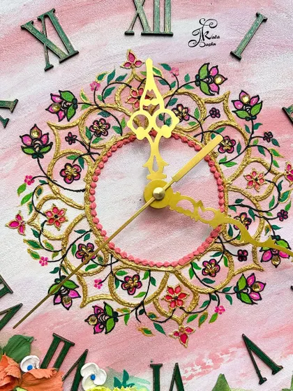 An extreme close-up of the clock's center, showcasing the fine details of the hand-painted floral design. This level of intricacy is what makes each piece a unique work of art.