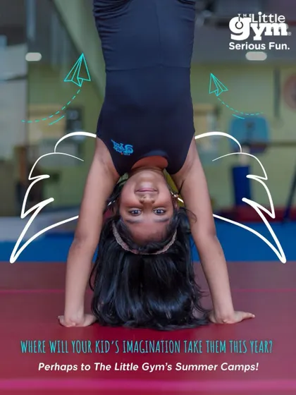 This summer camp ad asks, "Where will your kid's imagination take them?" It features a girl in a handstand with whimsical drawings, highlighting the creativity in our camps.