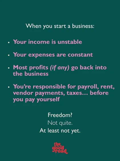 A breakdown of the financial realities for a new business: unstable income, constant expenses, and reinvesting most profits before you can pay yourself.