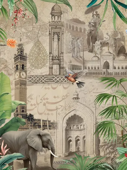 This is the final concept mood board for a large-scale mural designed for a studio in Lucknow. It combines elements of the city's architecture, like the Rumi Darwaza, with tropical flora and fauna to create a rich, layered narrative.