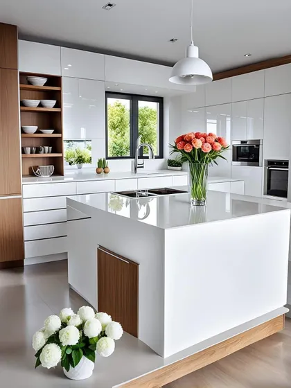 An all-white kitchen with a large central island creates a bright and airy feel. The wood accents on the island base and open shelving add warmth to the clean, modern design.
