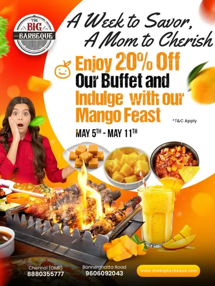 We celebrate seasonal ingredients with dedicated food festivals. This poster for our Mango Feast shows how we incorporate fresh mangoes into everything from drinks and desserts to savory dishes, all centered around our signature live barbeque grill.