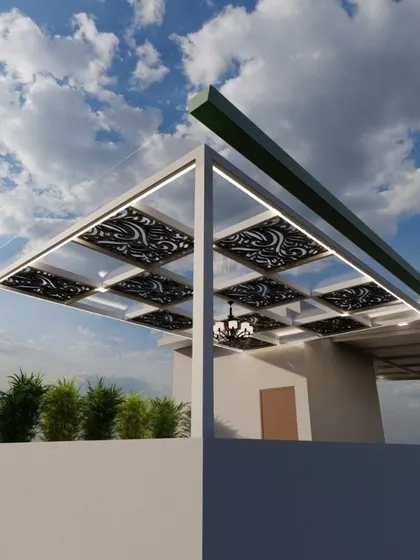 An angled 3D view of a glass and CNC panel pergola, showing how the design provides both shade and a connection to the open sky.