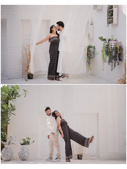 A playful collage from a pre-wedding shoot, showing the couple having fun together in a bright, white-themed setting.