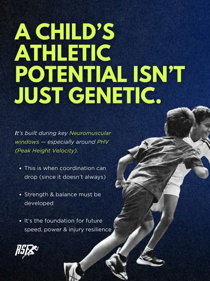A child's athletic potential is not purely genetic. It's built during key neuromuscular windows, especially around Peak Height Velocity (PHV). This infographic explains how we develop strength and balance during this phase to build a foundation for future speed and power.