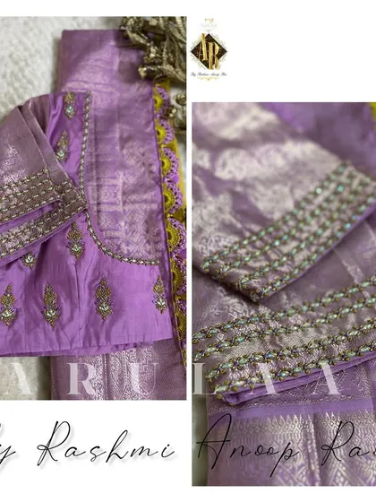 A lovely lilac blouse with silver zardosi work on the sleeves. The client wanted a thin line of work, so we created this delicate design with scattered butis.