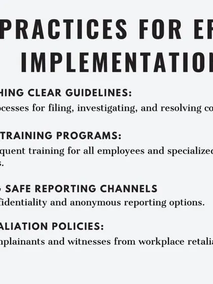 This slide outlines best practices for effective implementation of the POSH Act. It includes establishing clear guidelines, conducting regular training, creating safe reporting channels, and enforcing strict anti-retaliation policies.