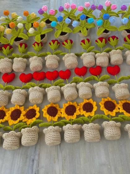 An overhead view of a large order, featuring rows of potted sunflowers and heart-shaped flowers.
