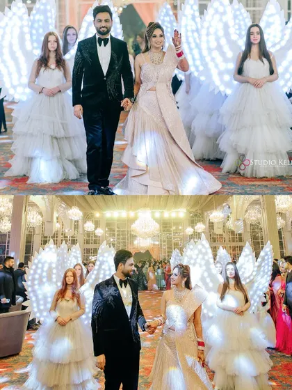 A collage of the couple's grand reception entry, surrounded by performers with angel wings.