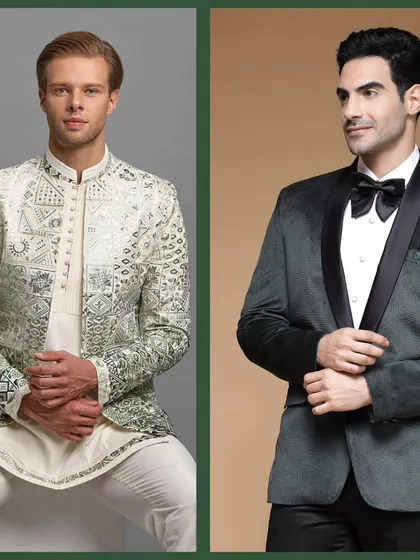 A green and white embroidered Jodhpuri and a green velvet tuxedo. Two distinct, high-fashion looks.