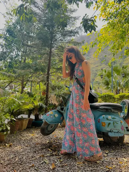 A floral jumpsuit I wore in Rishikesh. The print and silhouette are perfect for a trip to the mountains.