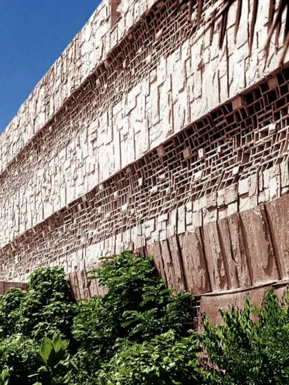 A detailed look at the textured facade of the Otters Club in Bandra, designed in 1973. The interplay of rough-hewn stone and intricate lattice work creates a visually rich surface that has stood the test of time, demonstrating an early exploration of materiality.