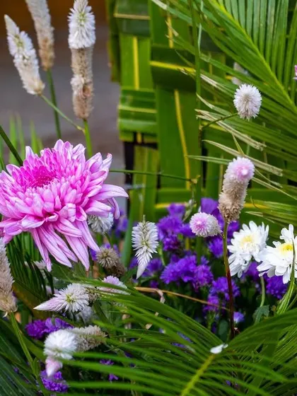 The rich textures and colors of the local flowers used in the wedding arrangements.