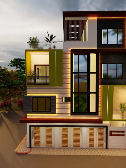 A 3D concept for an independent luxury bungalow in Bangalore. The design plays with geometric shapes, using cantilevered balconies and bold green accents to create a dynamic and contemporary facade.