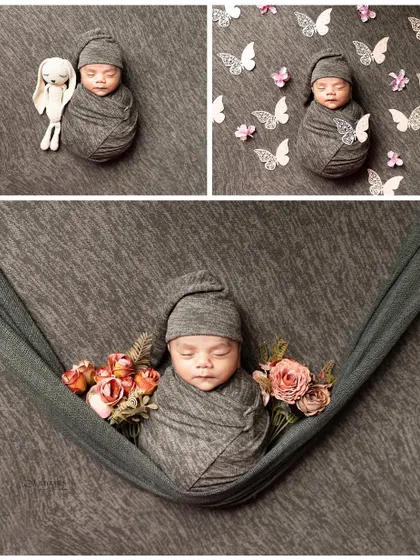 A collage of final images from a newborn session. Notice the different poses and setups, from a simple swaddle with a toy to a more elaborate floral hammock. I teach how to achieve this variety within a single session.