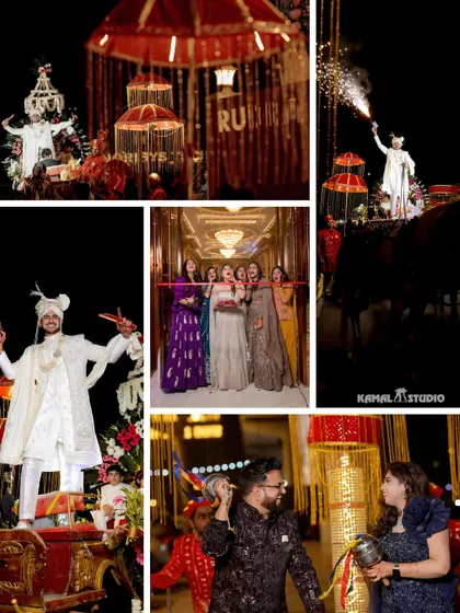 A collage capturing the energy of the Baraat and the groom's grand arrival.