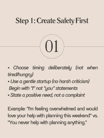 **The happiest couples are conflict-skilled, and it starts with creating safety.** Choose your timing deliberately, use a gentle startup with "I" statements, and state a positive need, not a complaint. Most conflicts are about underlying needs like security vs. freedom or connection vs. independence. Identify what you're really seeking beneath the argument.
