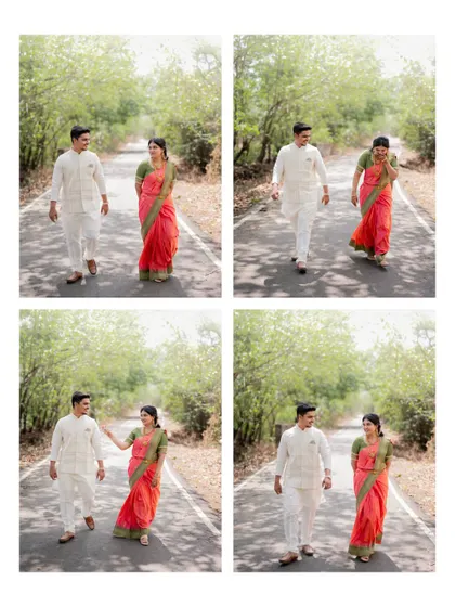 A four-photo collage showing the couple's playful and candid interactions as they walk down a road during their engagement shoot.