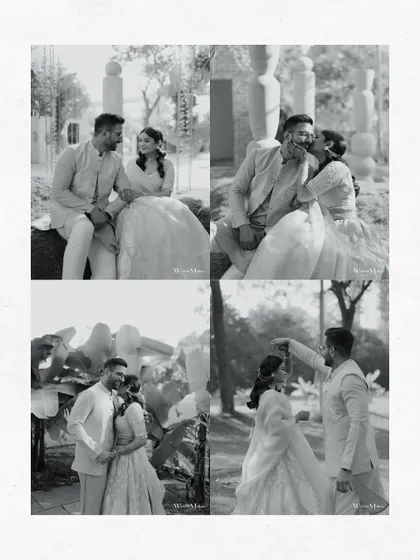 A collage of playful and romantic black and white portraits of the couple. These candid moments beautifully capture their chemistry and the fun they have together.