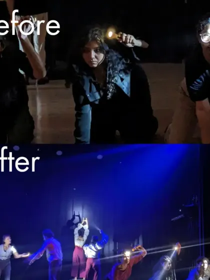 This before and after comparison highlights the impact of stage lighting and costume in transforming a rehearsal into a captivating performance for 'Sea's Fire'.