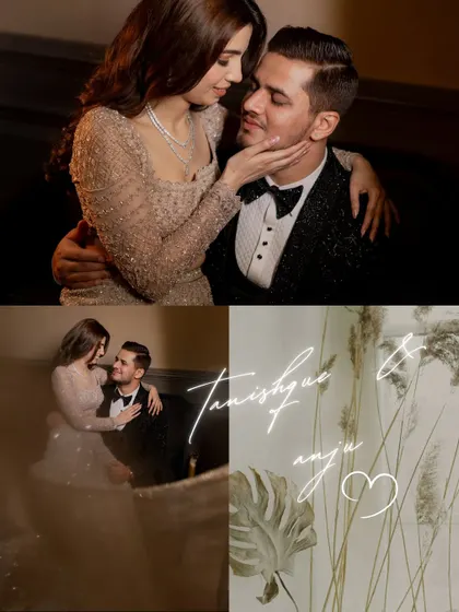A beautifully designed collage from a stylish engagement session, blending close-up romantic shots with artistic text overlays.