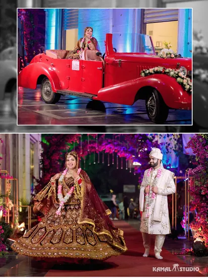 A collage blending a black and white shot of the bride in the car with a colorful portrait of the couple's entry.