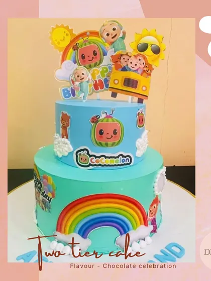 The incredibly popular Cocomelon theme comes to life in this two-tier cake. Featuring all the main characters, a rainbow, and the birthday child's name, it's a guaranteed hit with toddlers.