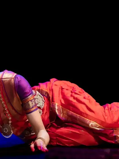 The eternal longing. This reclining pose from my solo 'Abhilasha' captures a moment of pensive waiting for Krishna. It shows how I use the entire body to convey a state of mind, creating a powerful, poetic image of 'viraha' or separation.