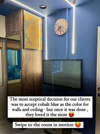 The clients were initially skeptical about the cobalt blue for the walls and ceiling, but it became their favorite feature, creating a dramatic and immersive personal space.
